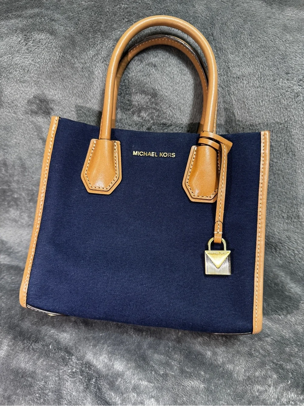 Michael Kors Navy and Tan Satchel with Gold Accent